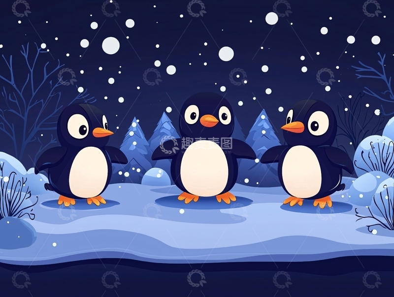 高清大图下载【趣麦麦图】雪夜三只企鹅