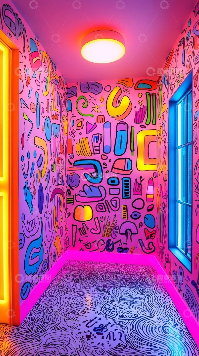 高清大图下载【趣麦麦图】霓虹色抽象涂鸦走廊