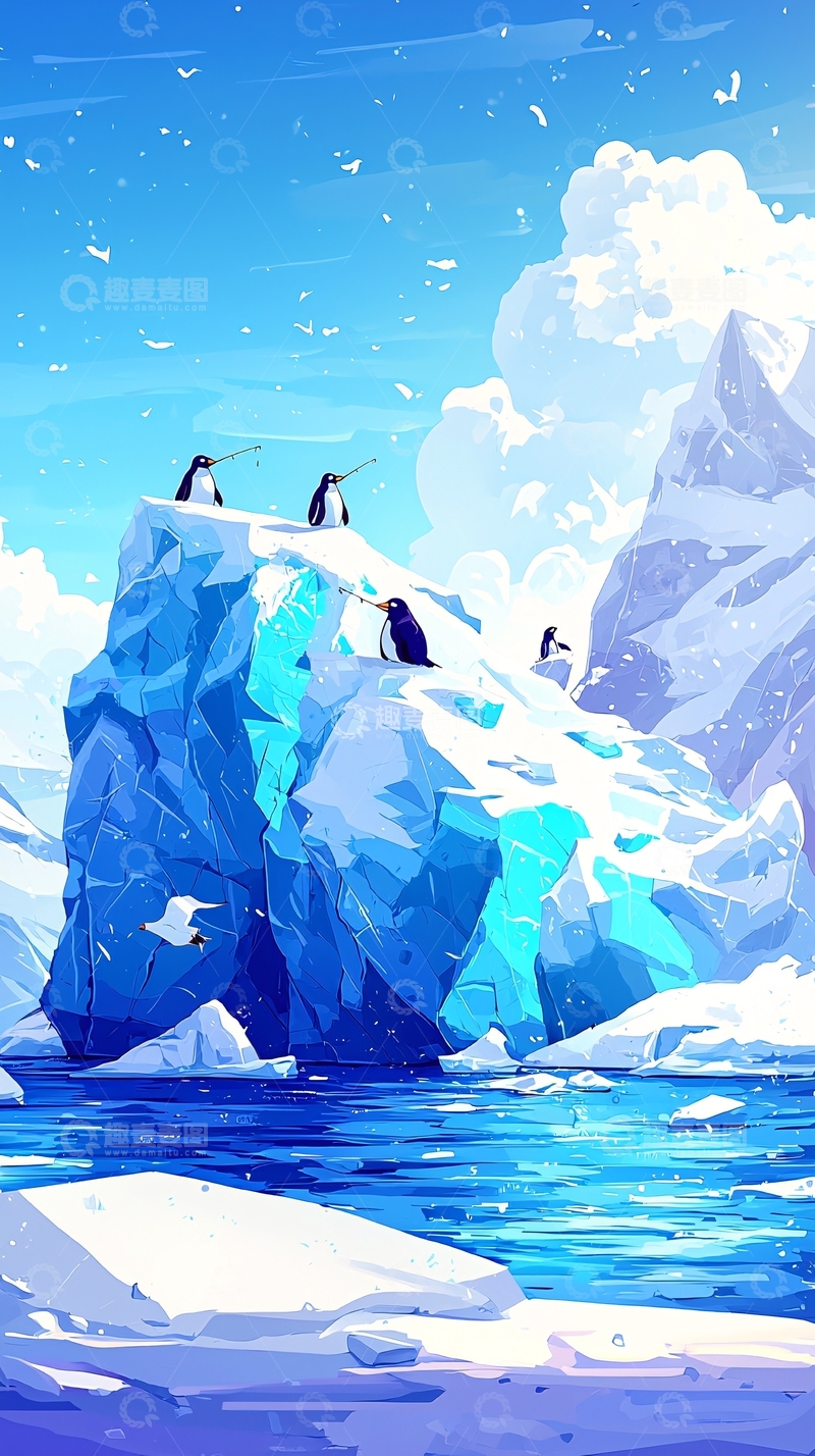 高清大图下载【趣麦麦图】冰山上的企鹅