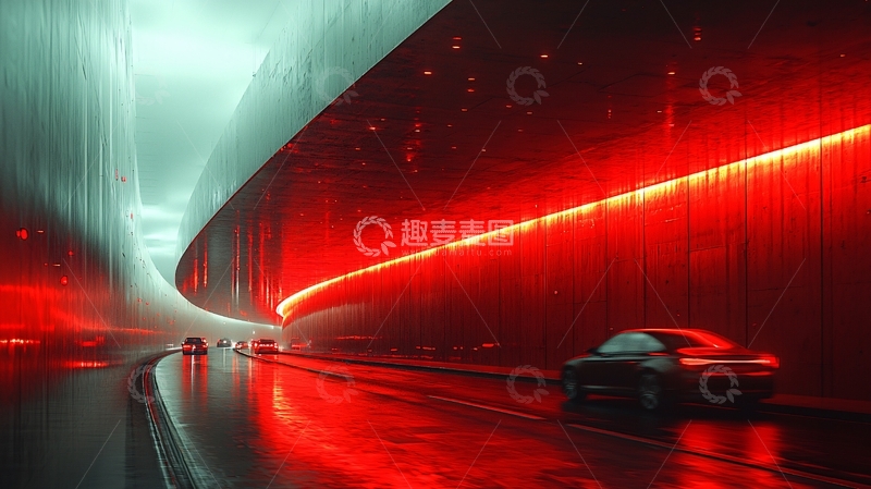 高清大图下载【趣麦麦图】霓虹灯隧道雨夜汽车