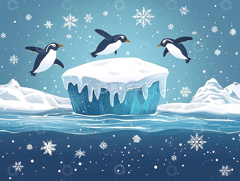 高清大图下载【趣麦麦图】企鹅在冰山上跳跃