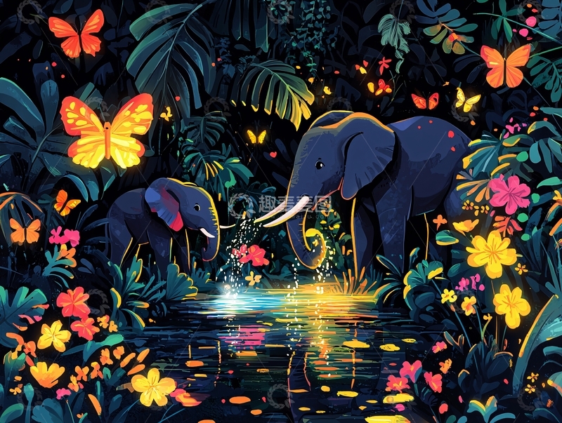 高清大图下载【趣麦麦图】丛林中的大象和蝴蝶