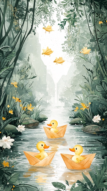 小鸭子纸船森林溪流