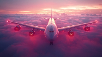 夕阳下飞机穿过云层