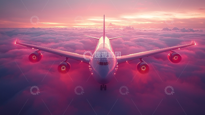 高清大图下载【趣麦麦图】夕阳下飞机穿过云层