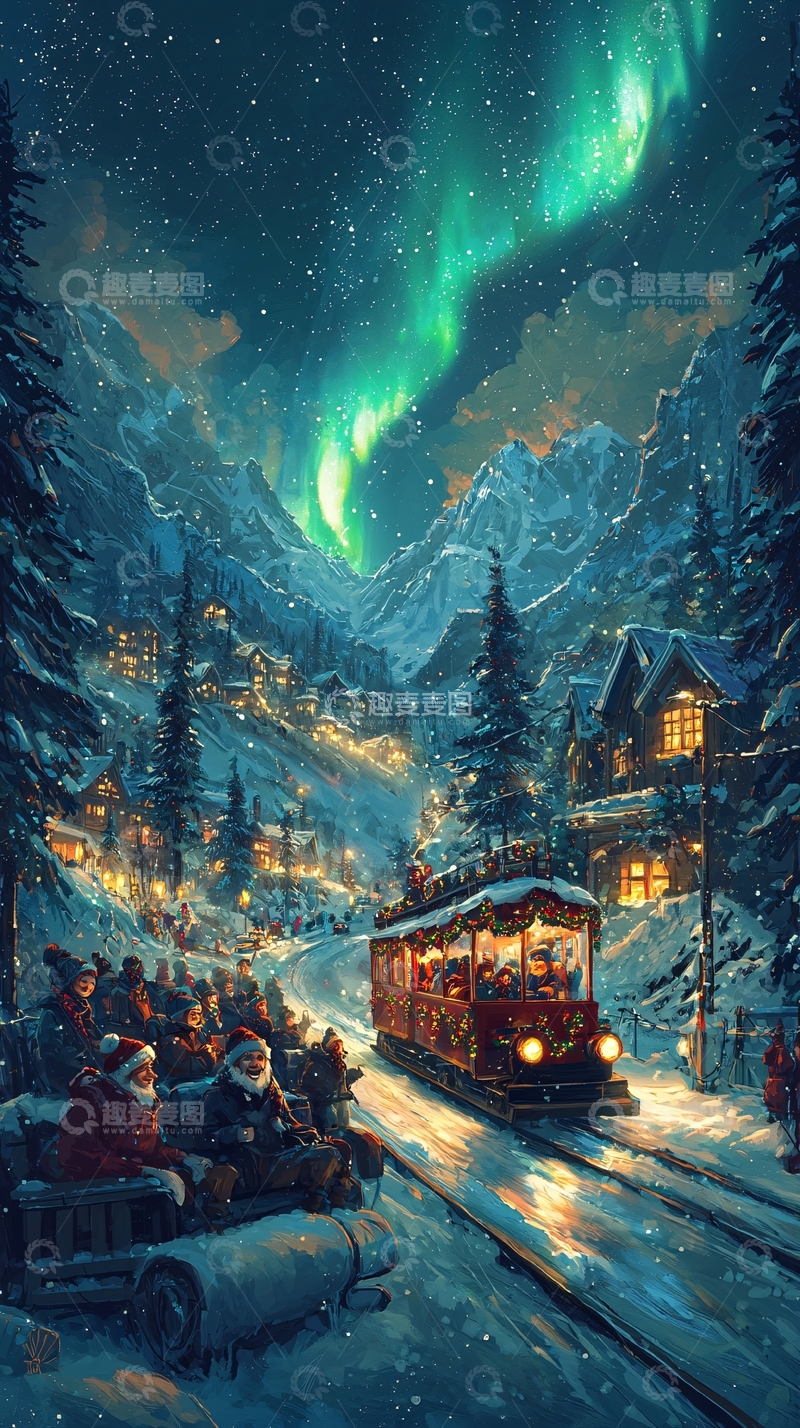 高清大图下载【趣麦麦图】圣诞节极光山谷小镇