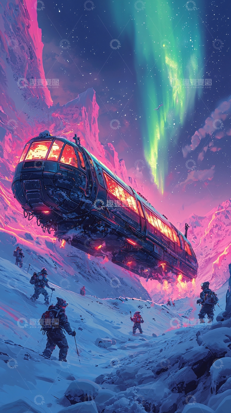 高清大图下载【趣麦麦图】未来列车雪山极光