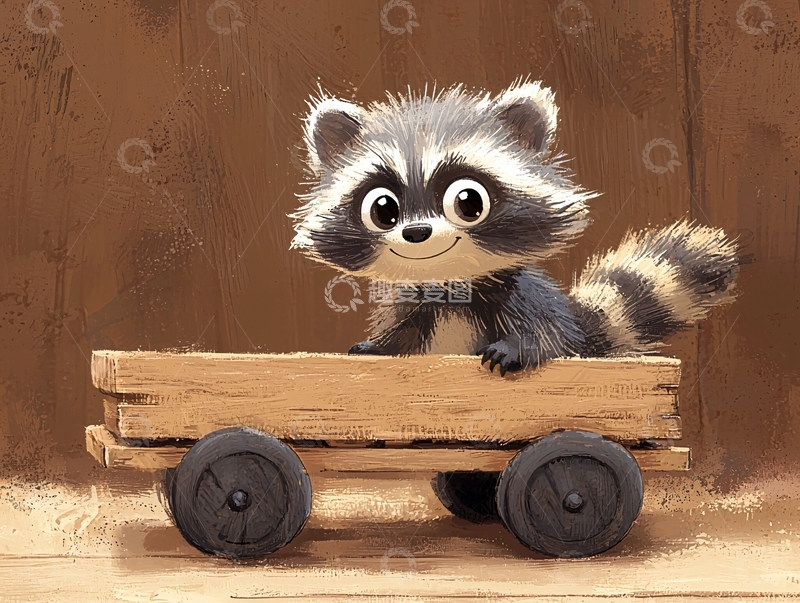 高清大图下载【趣麦麦图】卡通浣熊坐在木头车里