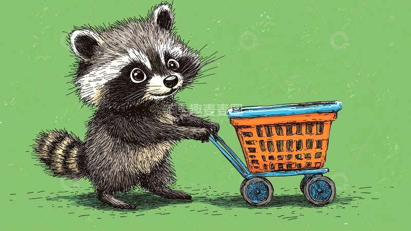 高清大图下载【趣麦麦图】可爱浣熊推小推车