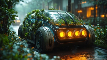 雨中长满植物的未来汽车
