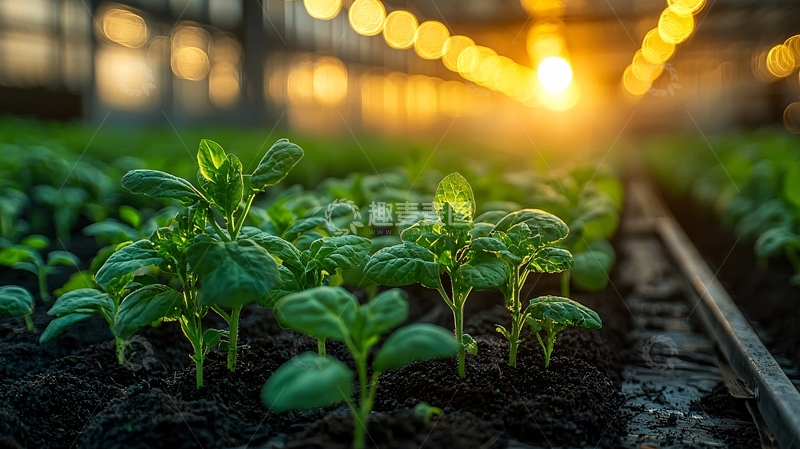 高清大图下载【趣麦麦图】温室里日落时分的幼苗