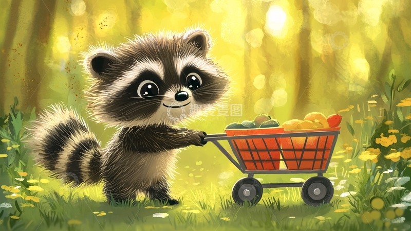 高清大图下载【趣麦麦图】可爱浣熊推着装满水果的购物车