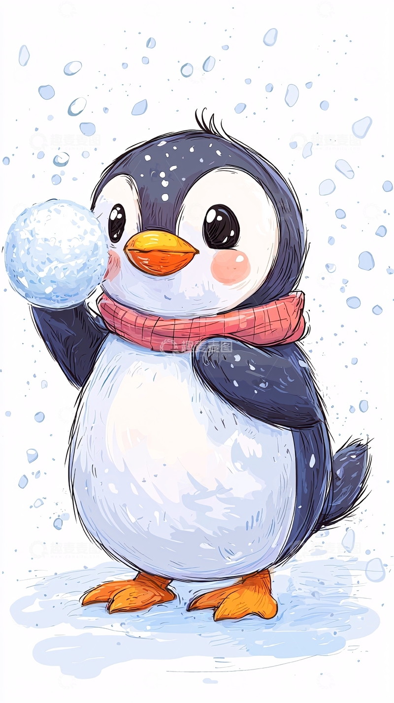 高清大图下载【趣麦麦图】可爱企鹅拿着雪球