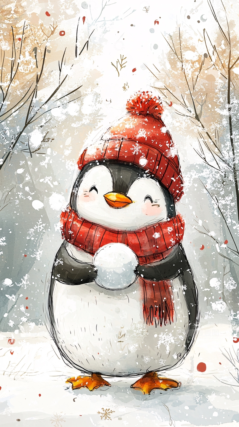 高清大图下载【趣麦麦图】戴红帽子的企鹅玩雪