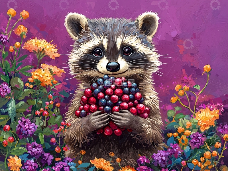 高清大图下载【趣麦麦图】可爱浣熊抱着浆果