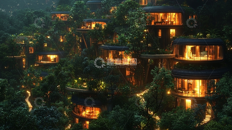 高清大图下载【趣麦麦图】山林环绕的夜晚灯光树屋