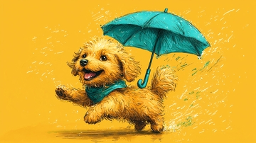 小狗撑伞雨中漫步