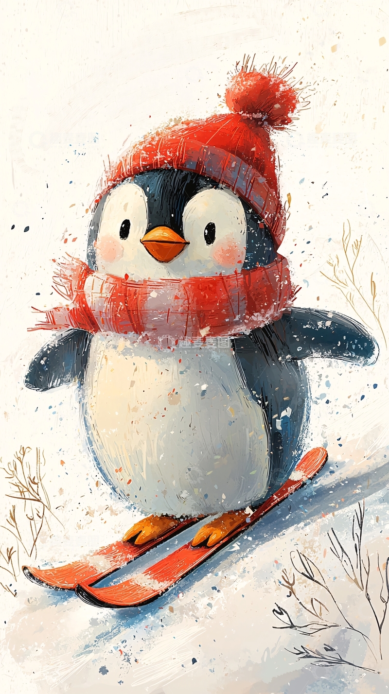 高清大图下载【趣麦麦图】可爱企鹅戴着红色帽子围巾滑雪