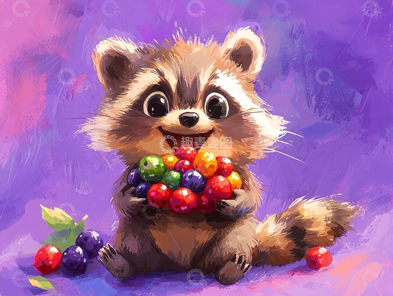 高清大图下载【趣麦麦图】可爱浣熊抱着彩色水果