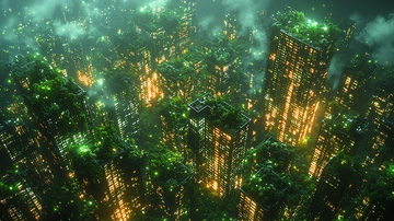 绿光笼罩的未来科幻城市