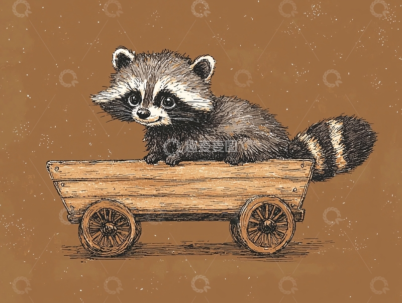 高清大图下载【趣麦麦图】卡通浣熊在木头车里