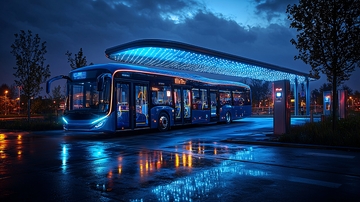 夜间蓝色未来派电动公交车