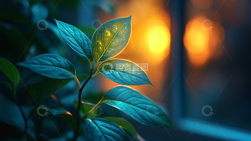 高清大图下载【趣麦麦图】夜晚窗边青翠植物特写