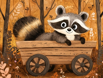 秋日森林里的小浣熊木头车