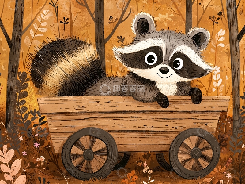 高清大图下载【趣麦麦图】秋日森林里的小浣熊木头车
