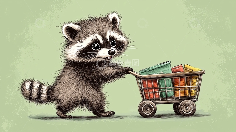 高清大图下载【趣麦麦图】浣熊推着装满物品的购物车