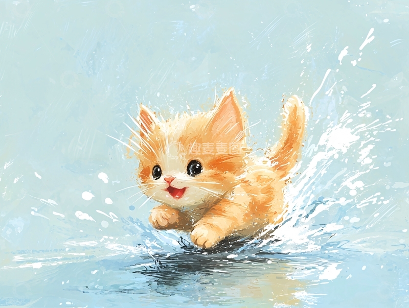 高清大图下载【趣麦麦图】小猫在水中嬉戏奔跑