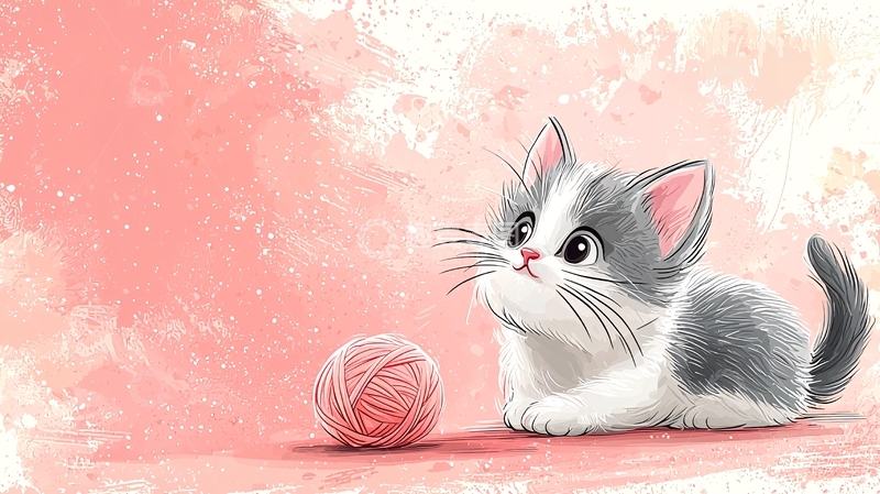 高清大图下载【趣麦麦图】猫咪与粉色毛线球的插画