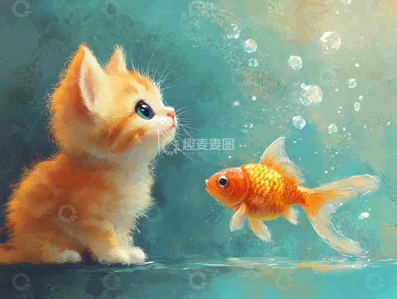 高清大图下载【趣麦麦图】小猫凝视金鱼的卡通图
