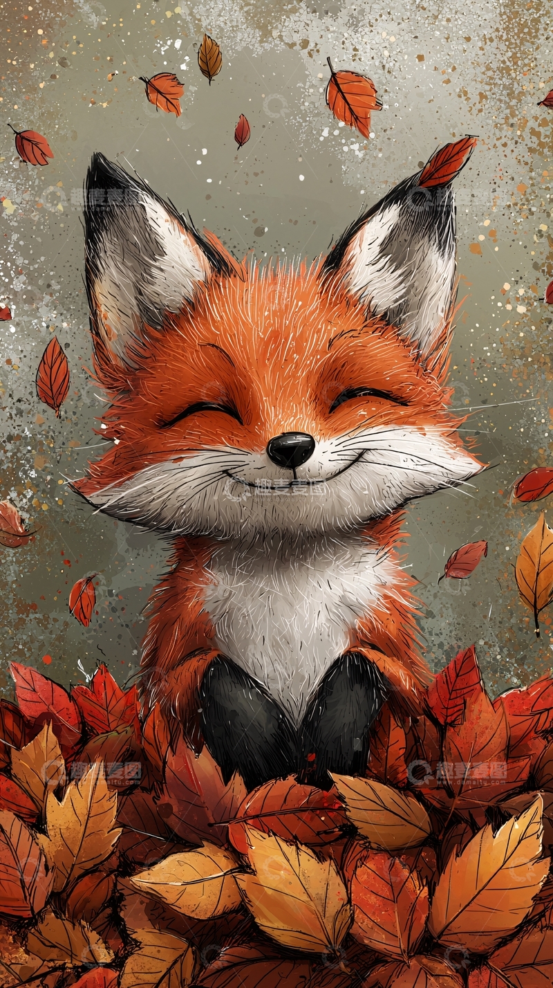 高清大图下载【趣麦麦图】秋叶中微笑的狐狸