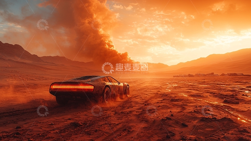 高清大图下载【趣麦麦图】荒漠公路日落跑车