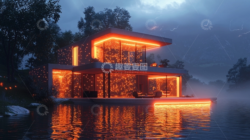 高清大图下载【趣麦麦图】湖边现代别墅夜景