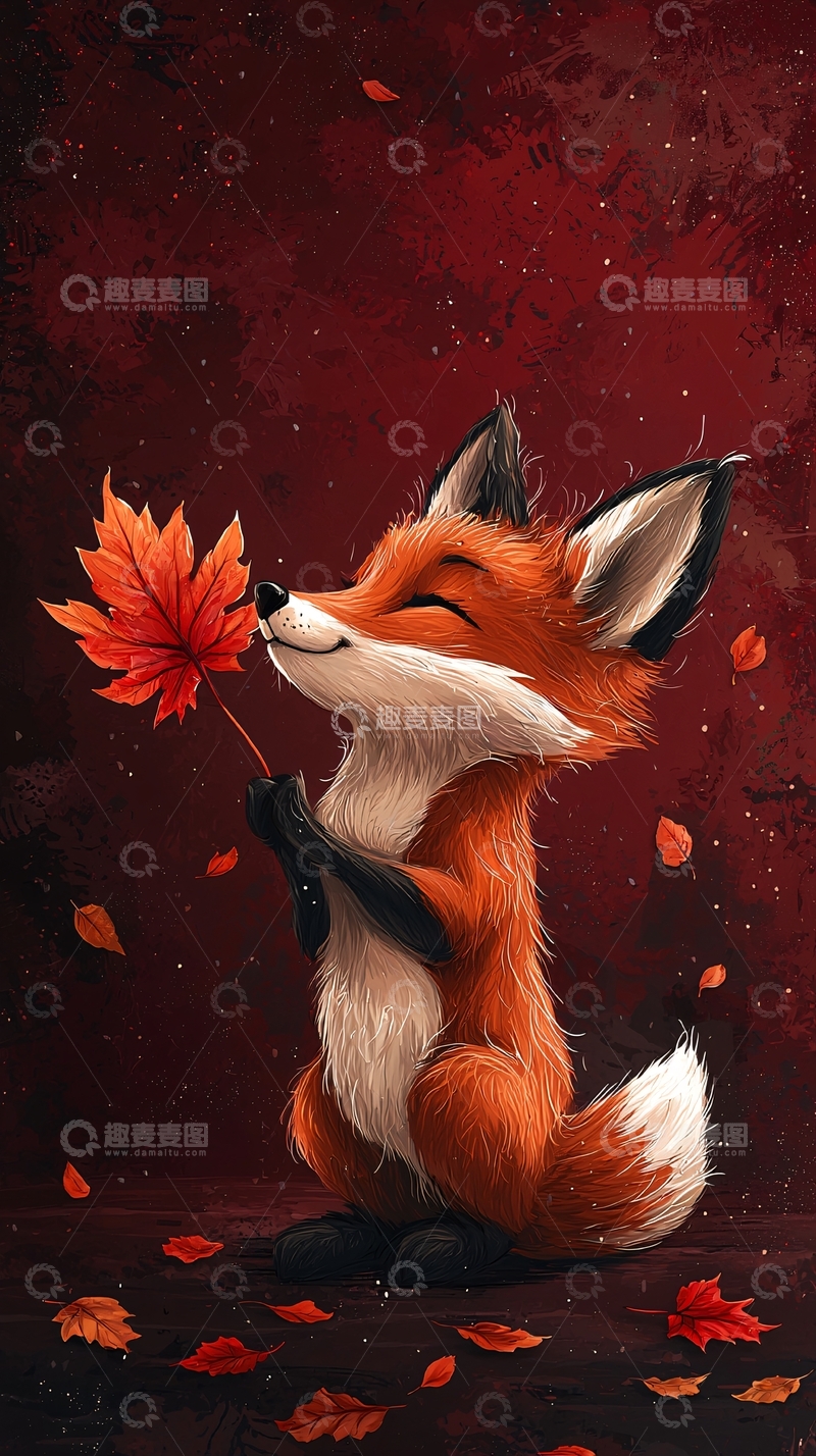 高清大图下载【趣麦麦图】小狐狸闻枫叶
