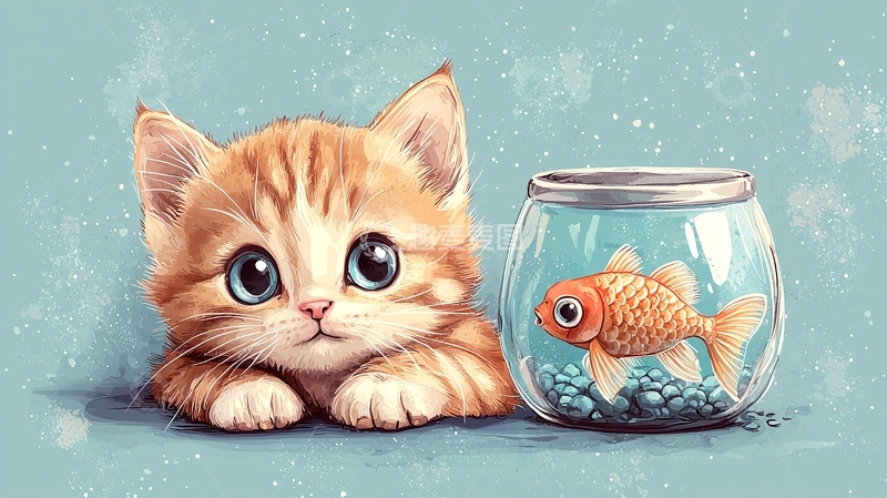 高清大图下载【趣麦麦图】小猫和金鱼的可爱插画