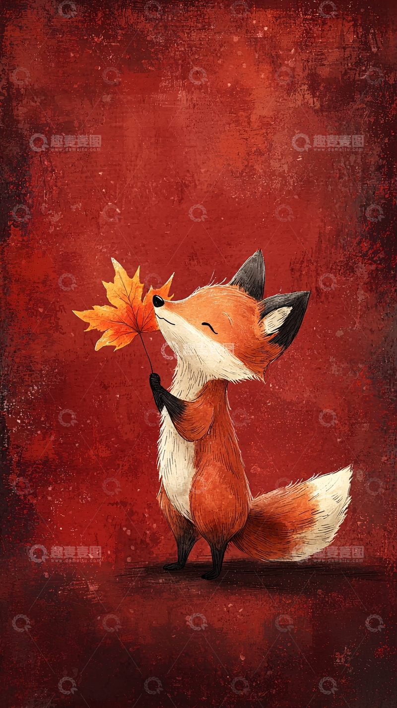 高清大图下载【趣麦麦图】小狐狸拿着枫叶的温馨画面