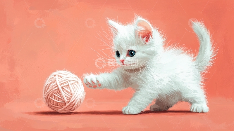 高清大图下载【趣麦麦图】可爱小白猫玩毛线球
