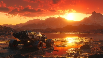 红色夕阳下的越野车