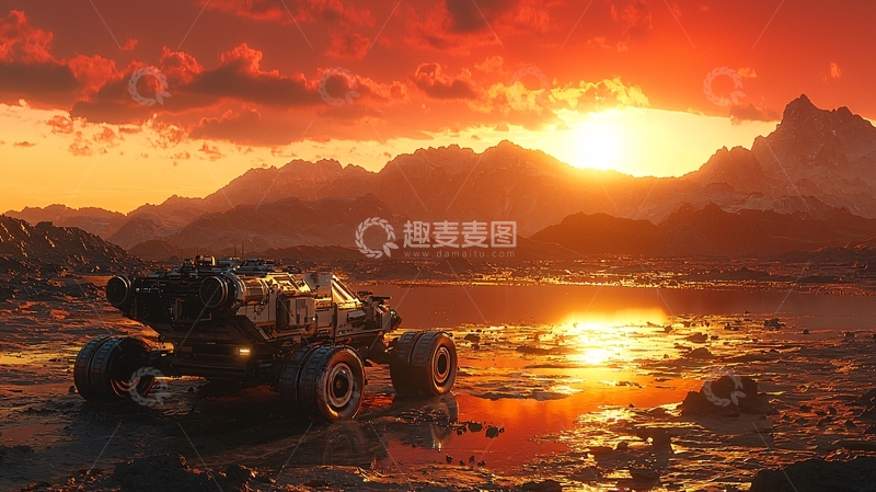 高清大图下载【趣麦麦图】红色夕阳下的越野车