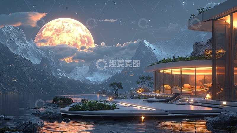 高清大图下载【趣麦麦图】巨型火红色月亮下的现代别墅