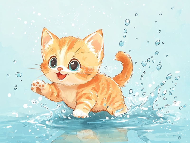 高清大图下载【趣麦麦图】橘色卡通小猫戏水