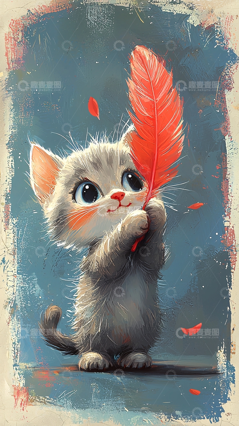 高清大图下载【趣麦麦图】可爱小猫手捧红色羽毛