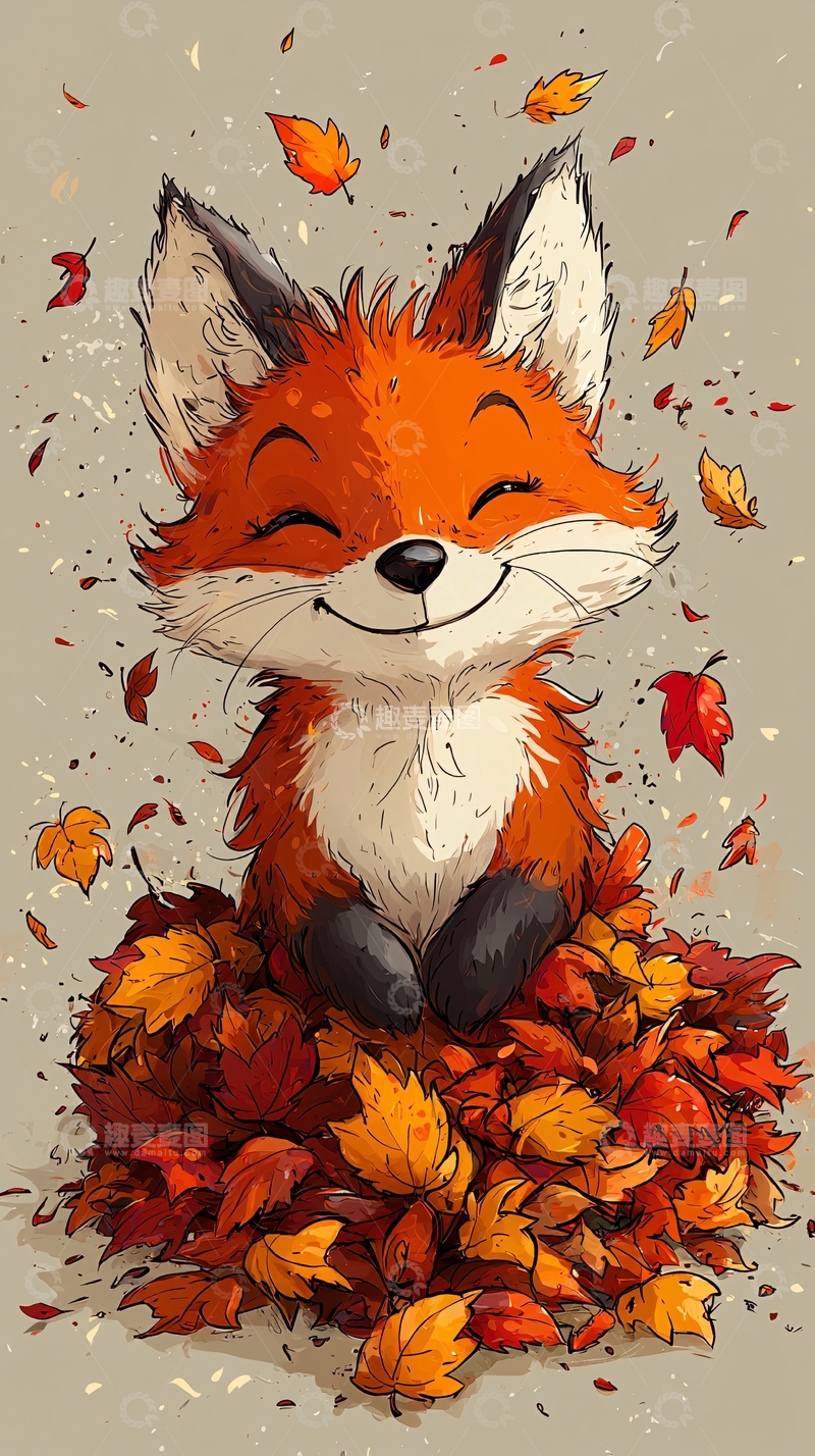 高清大图下载【趣麦麦图】秋日小狐狸与落叶