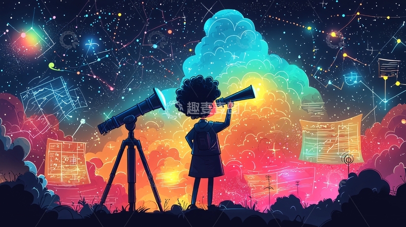 高清大图下载【趣麦麦图】男孩用望远镜探索宇宙