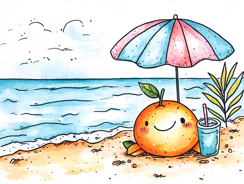 高清大图下载【趣麦麦图】海边橙子卡通插画
