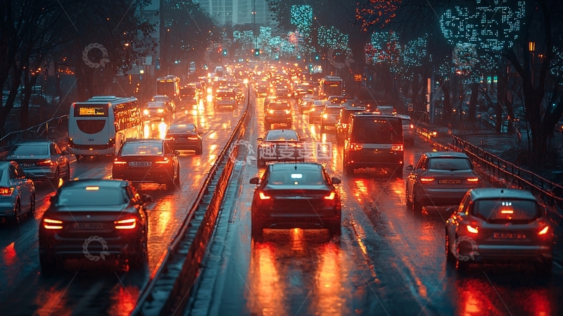 高清大图下载【趣麦麦图】夜晚雨中拥堵的城市道路