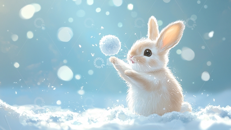 高清大图下载【趣麦麦图】雪地里玩雪球的兔子